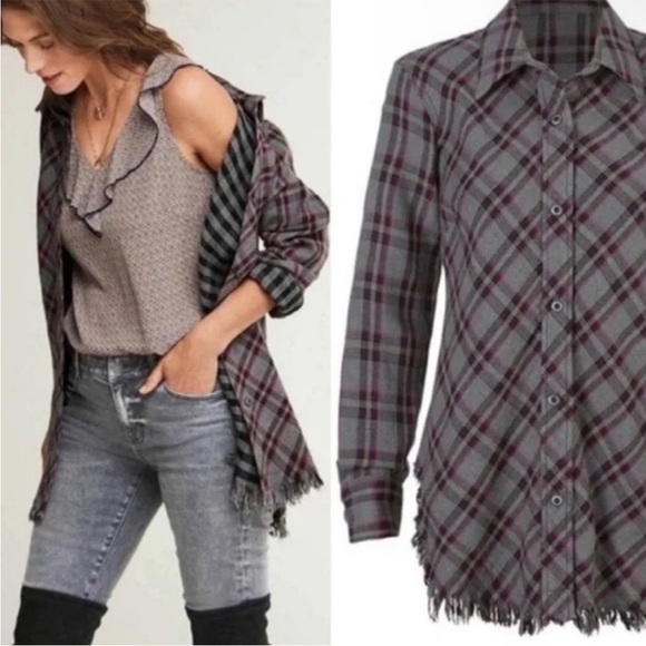 CAbi Tops - CABI Highland Flannel Button Down Shirt Gray / Plum Size Medium